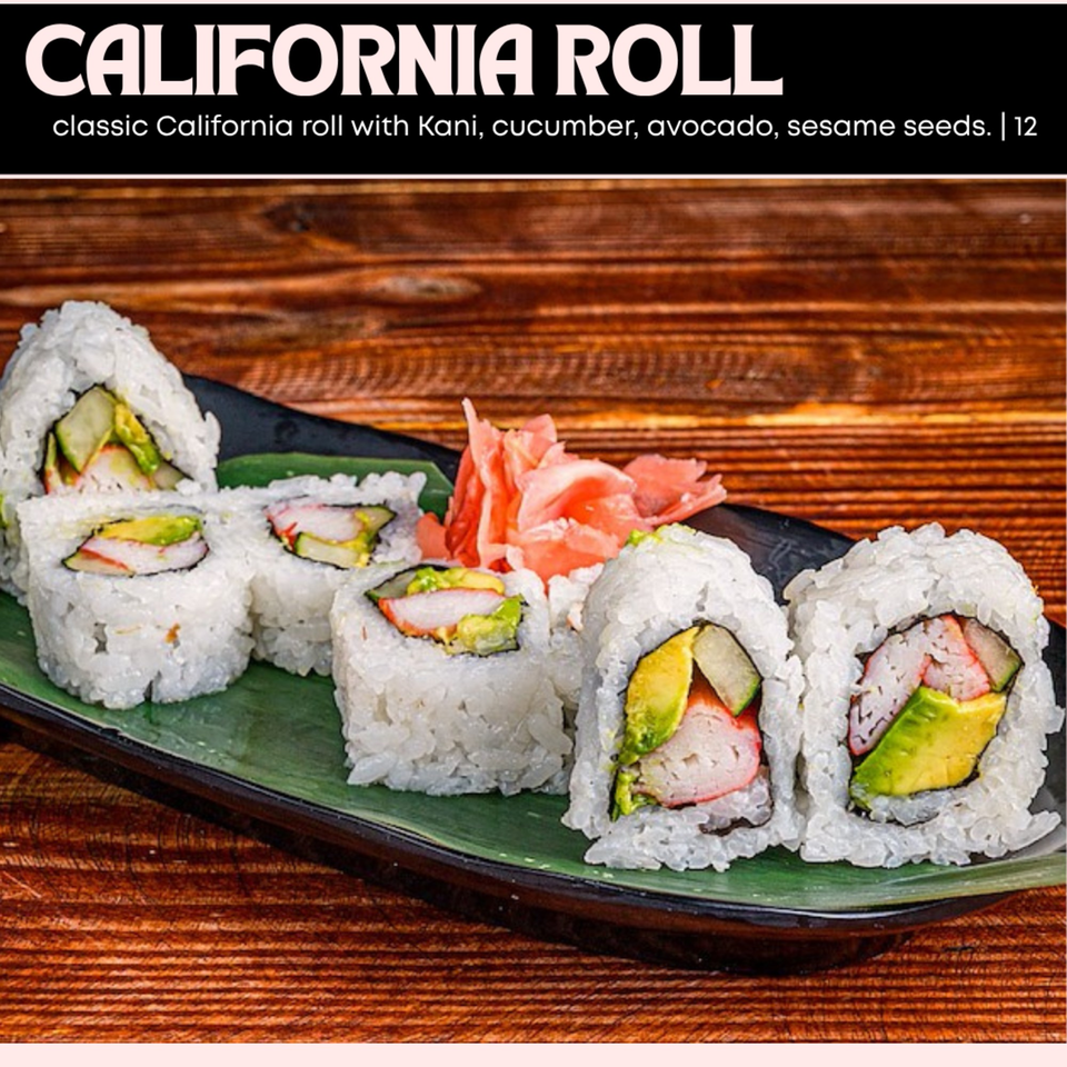 California roll sushi with kani, cucumber, avocado, and sesame seeds on a green plate with ginger.