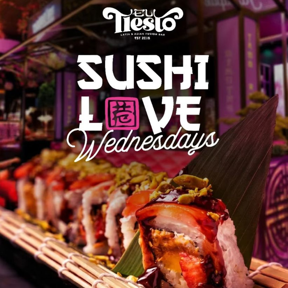 New Testo Latin and Asian fusion bar promotion featuring colorful sushi rolls and bold “Sushi Wednesdays” lettering.