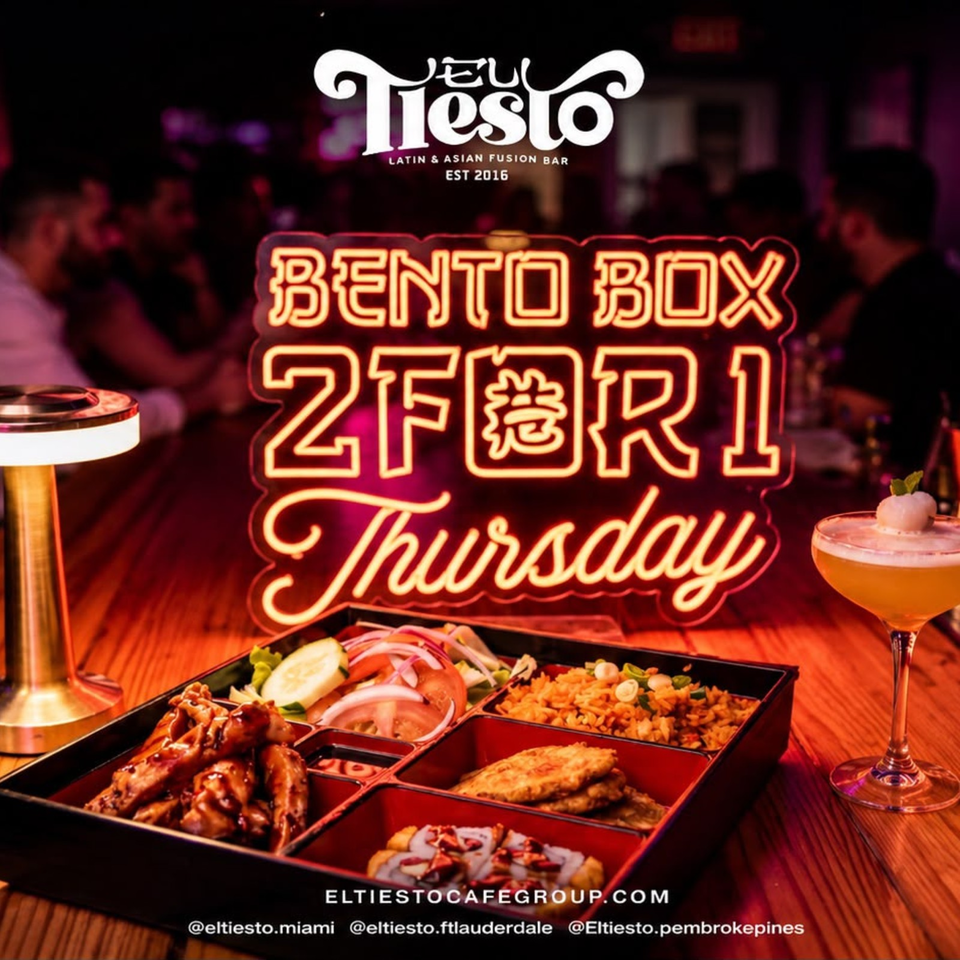 El Tiesto Latin and Asian fusion bar promotional display featuring Bento Box ZFOR1 Thursday, assorted dishes, cocktails, and a lively dining atmosphere.